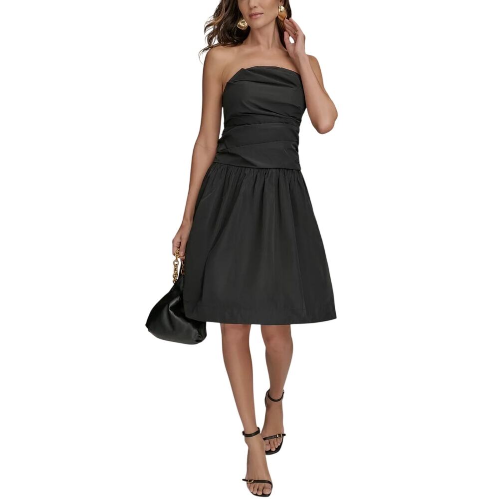 Donna Karan Black Cocktail Party Dress Strapless Pleated Taffeta A-Line Size 6